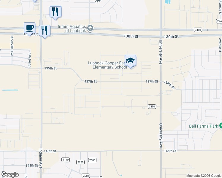 map of restaurants, bars, coffee shops, grocery stores, and more near 2706 County Road 7450 in Lubbock