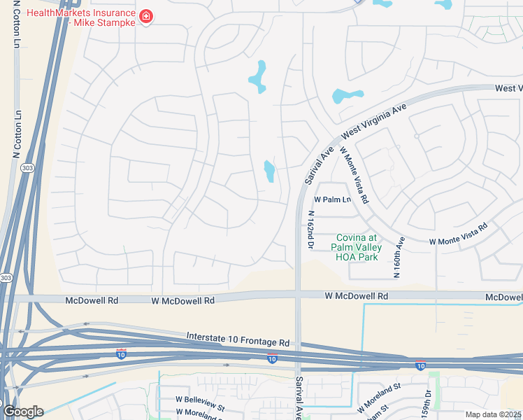 map of restaurants, bars, coffee shops, grocery stores, and more near 16421 West Alvarado Drive in Goodyear