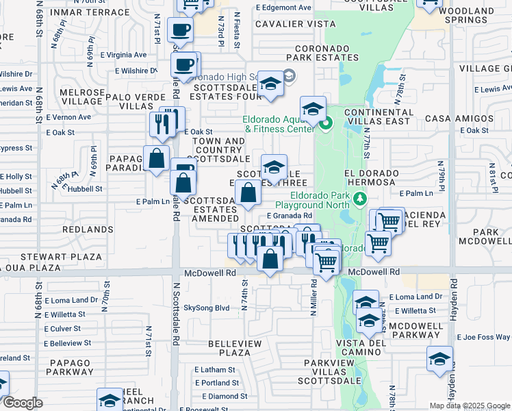 map of restaurants, bars, coffee shops, grocery stores, and more near 7422 East Palm Lane in Scottsdale