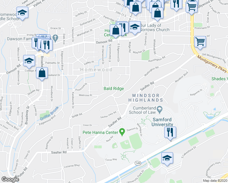 map of restaurants, bars, coffee shops, grocery stores, and more near 1624 Ridge Road in Birmingham