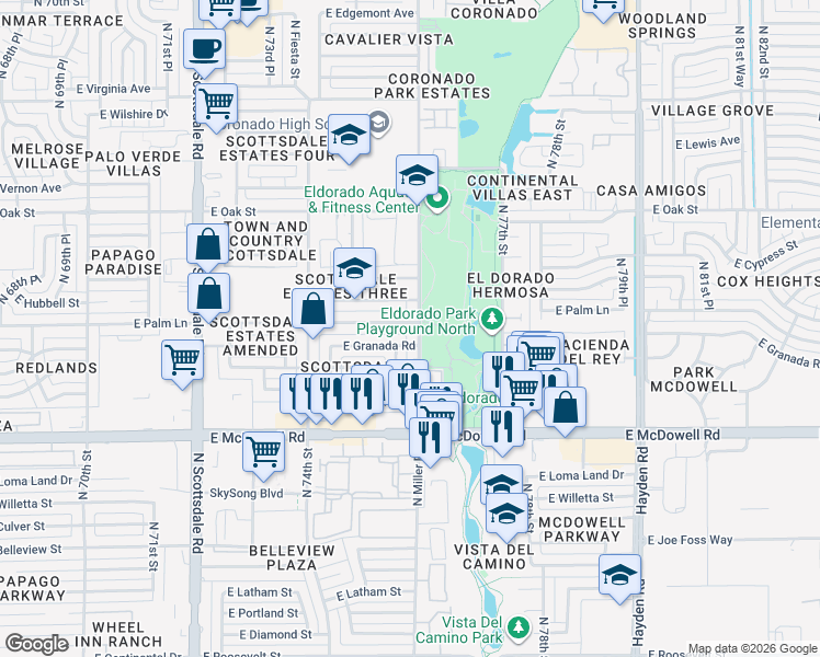 map of restaurants, bars, coffee shops, grocery stores, and more near 7540 East Palm Lane in Scottsdale