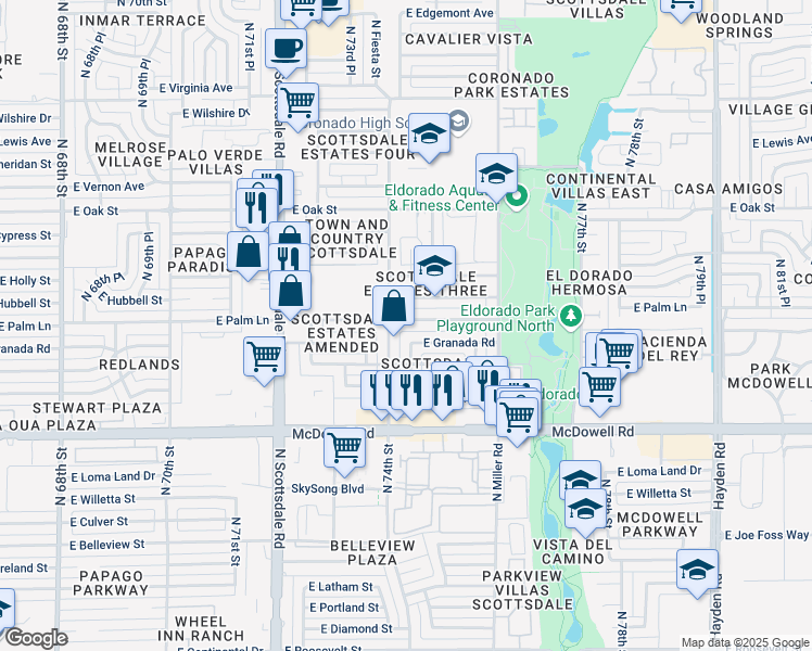 map of restaurants, bars, coffee shops, grocery stores, and more near 7422 East Palm Lane in Scottsdale
