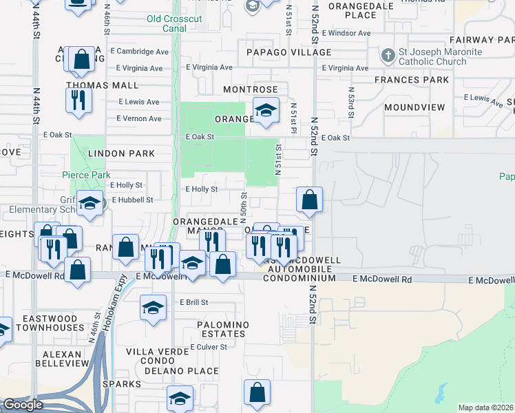 map of restaurants, bars, coffee shops, grocery stores, and more near 2015 North 50th Street in Phoenix