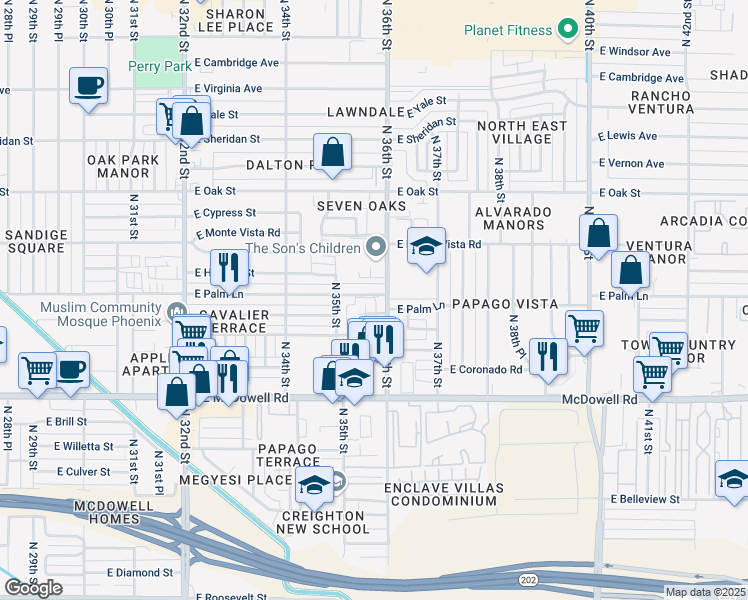 map of restaurants, bars, coffee shops, grocery stores, and more near 2000 North 36th Street in Phoenix
