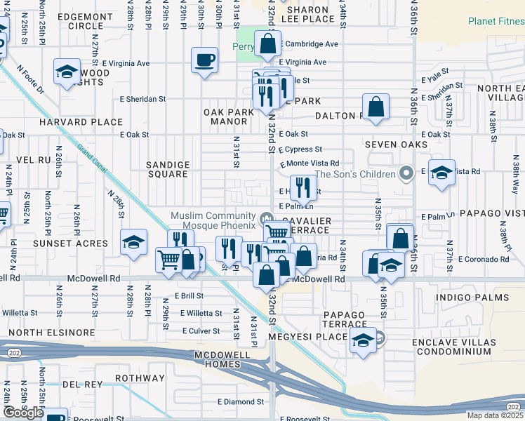 map of restaurants, bars, coffee shops, grocery stores, and more near 3130 East Palm Lane in Phoenix