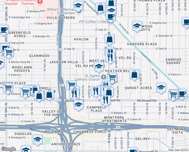 map of restaurants, bars, coffee shops, grocery stores, and more near 2302 East Palm Lane in Phoenix