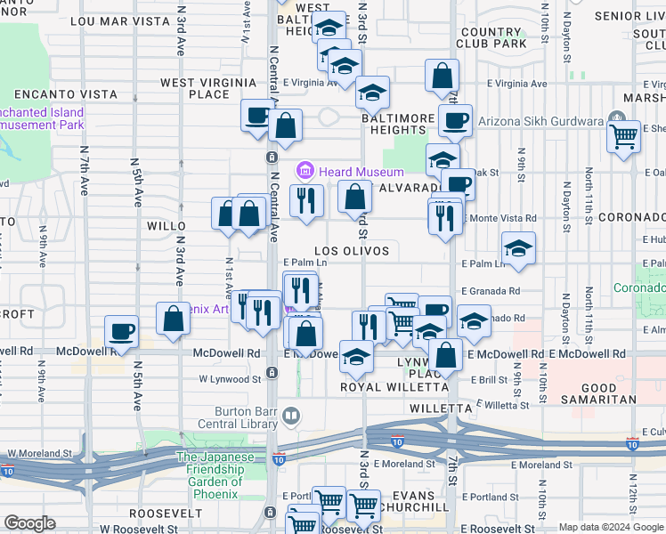 map of restaurants, bars, coffee shops, grocery stores, and more near 105 East Palm Lane in Phoenix