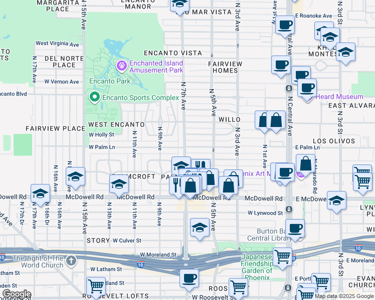 map of restaurants, bars, coffee shops, grocery stores, and more near 706 West Palm Lane in Phoenix