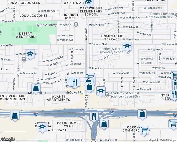 map of restaurants, bars, coffee shops, grocery stores, and more near in Phoenix