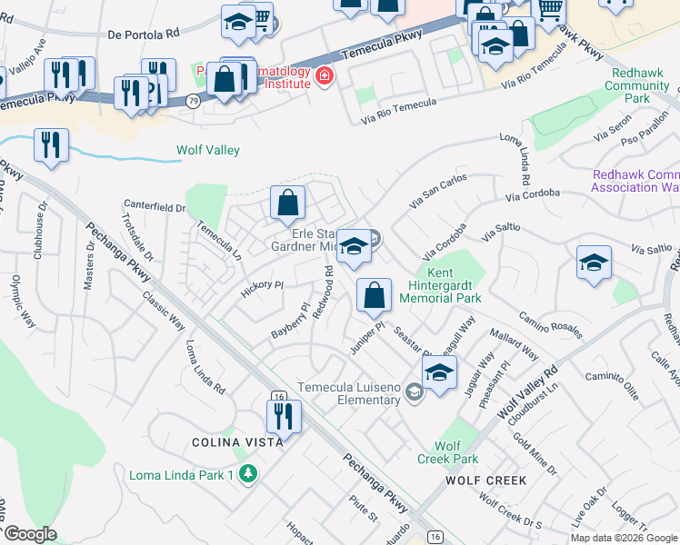 map of restaurants, bars, coffee shops, grocery stores, and more near 45125 Vía Del Coronado in Temecula