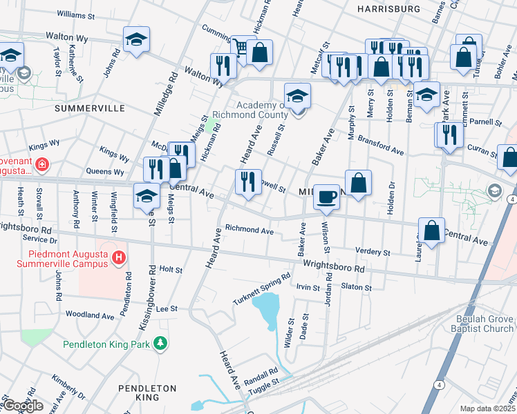 map of restaurants, bars, coffee shops, grocery stores, and more near 1113 Adrian Street in Augusta