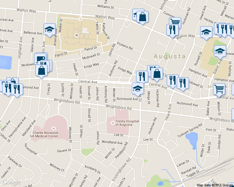 map of restaurants, bars, coffee shops, grocery stores, and more near 1321 Wingfield Street in Augusta