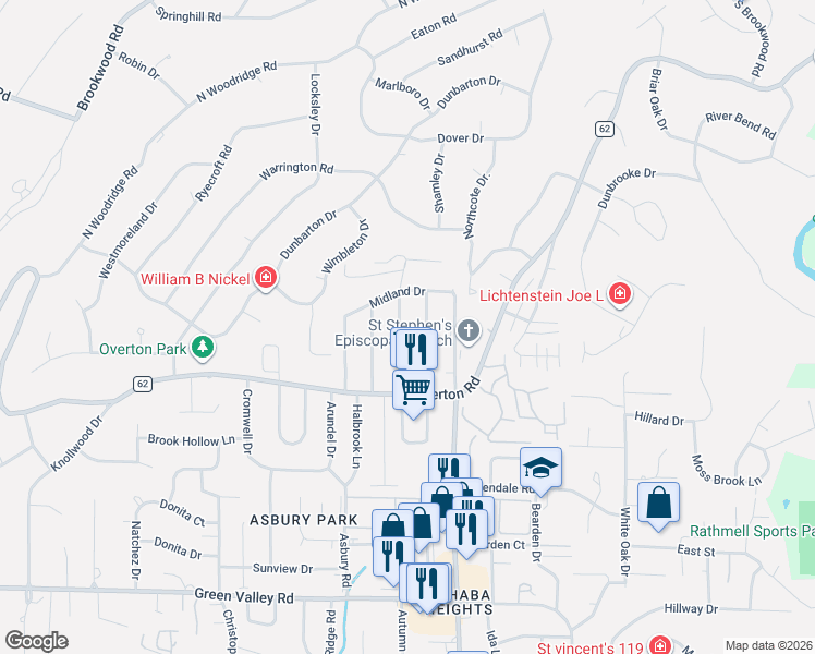 map of restaurants, bars, coffee shops, grocery stores, and more near 3771 Poe Drive in Vestavia Hills
