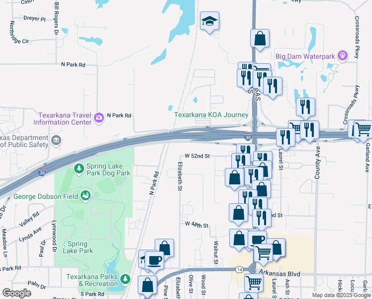 map of restaurants, bars, coffee shops, grocery stores, and more near 600 West 52nd Street in Texarkana