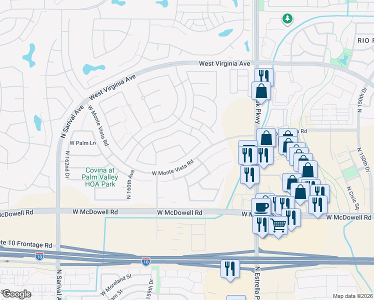 map of restaurants, bars, coffee shops, grocery stores, and more near 15788 West Bonitos Drive in Goodyear