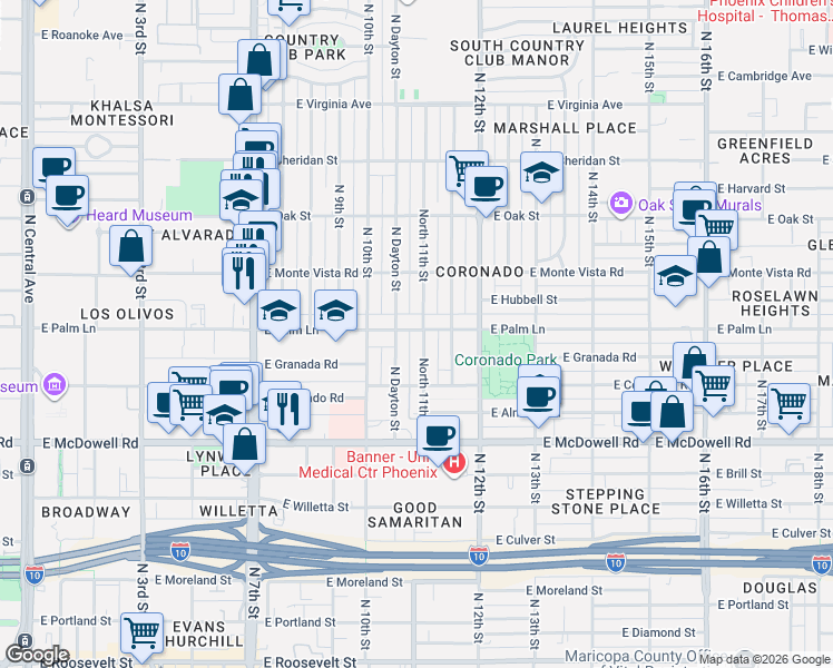 map of restaurants, bars, coffee shops, grocery stores, and more near 1040 East Palm Lane in Phoenix