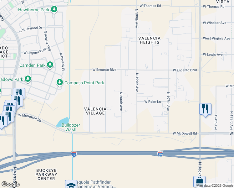 map of restaurants, bars, coffee shops, grocery stores, and more near 2017 North 200th Avenue in Buckeye