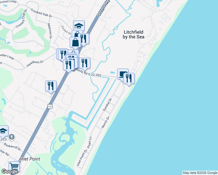 map of restaurants, bars, coffee shops, grocery stores, and more near 87 Sportsman Drive in Pawleys Island