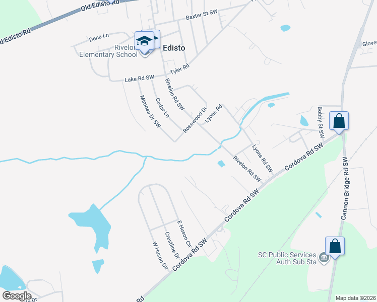 map of restaurants, bars, coffee shops, grocery stores, and more near 629 Rosewood Drive in Orangeburg