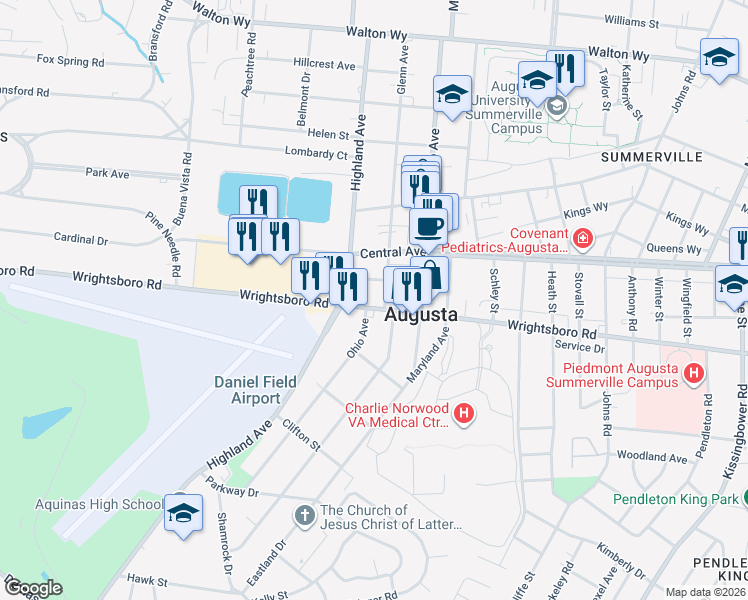 map of restaurants, bars, coffee shops, grocery stores, and more near 2613 Wrightsboro Road in Augusta