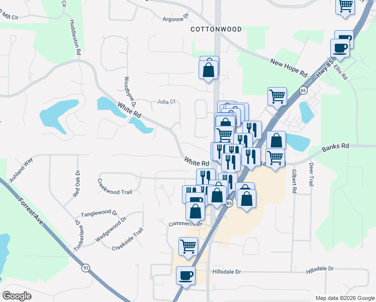 map of restaurants, bars, coffee shops, grocery stores, and more near 555 Old White Road in Fayetteville