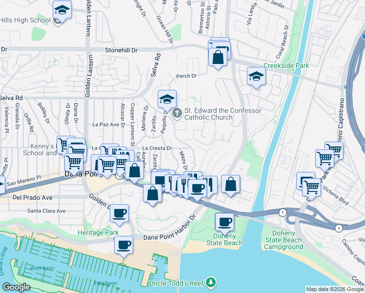 map of restaurants, bars, coffee shops, grocery stores, and more near 33941 Calle La Primavera in Dana Point