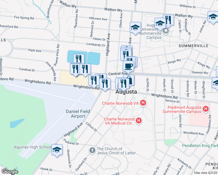 map of restaurants, bars, coffee shops, grocery stores, and more near 2613 Wrightsboro Road in Augusta
