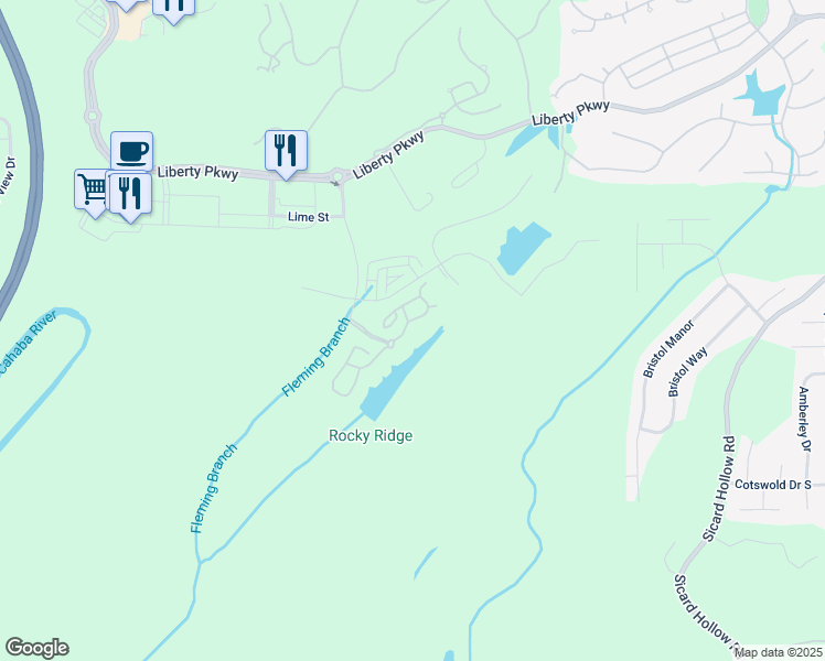 map of restaurants, bars, coffee shops, grocery stores, and more near 1004 Liberty Park Loop in Vestavia Hills