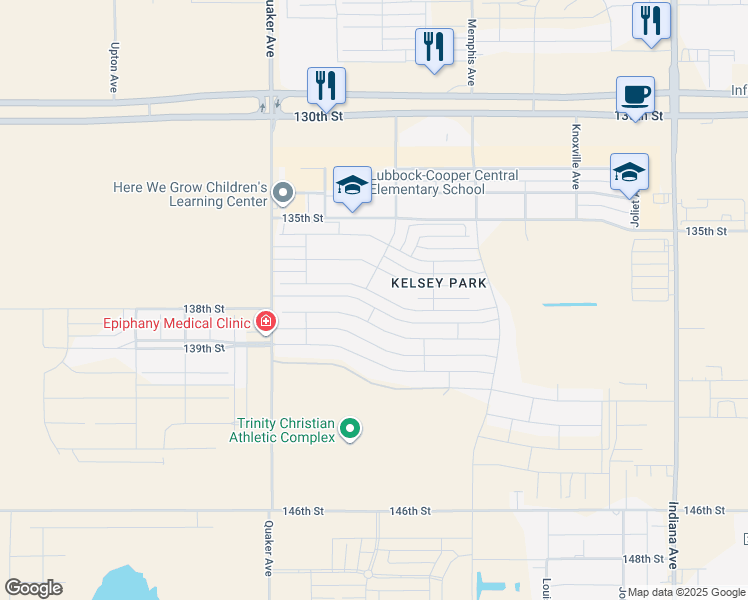 map of restaurants, bars, coffee shops, grocery stores, and more near 3923 138th Street in Lubbock