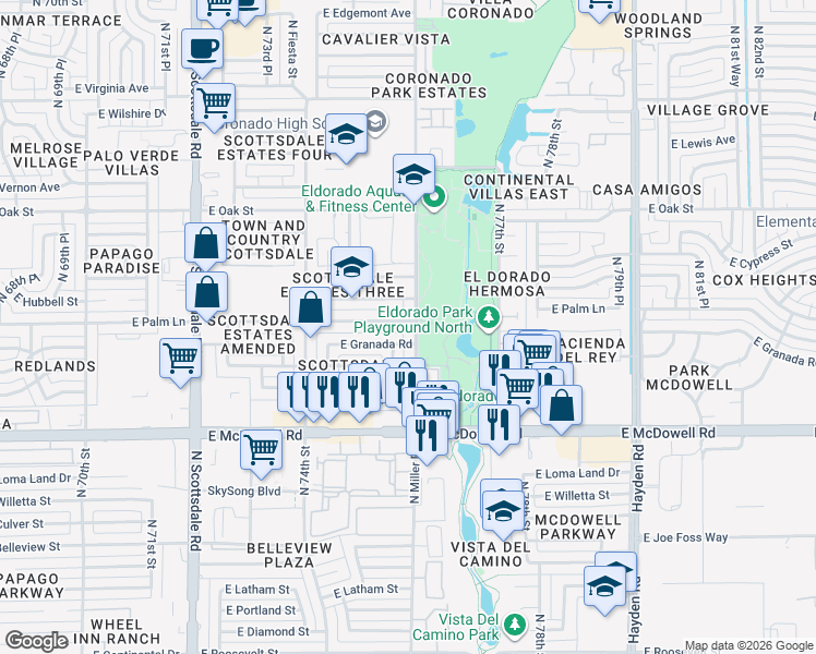 map of restaurants, bars, coffee shops, grocery stores, and more near 7540 East Palm Lane in Scottsdale