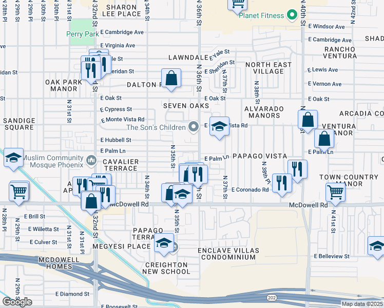map of restaurants, bars, coffee shops, grocery stores, and more near 2000 North 36th Street in Phoenix
