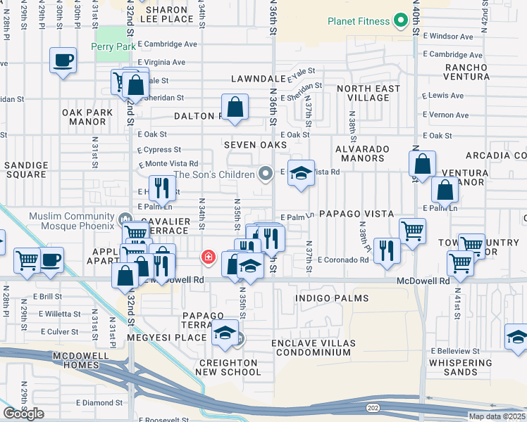 map of restaurants, bars, coffee shops, grocery stores, and more near 2000 North 36th Street in Phoenix