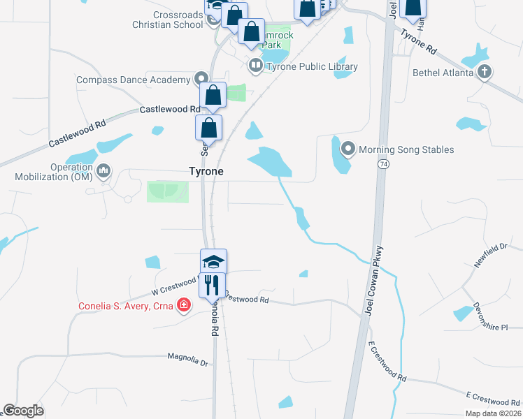map of restaurants, bars, coffee shops, grocery stores, and more near 255 Handley Court in Tyrone
