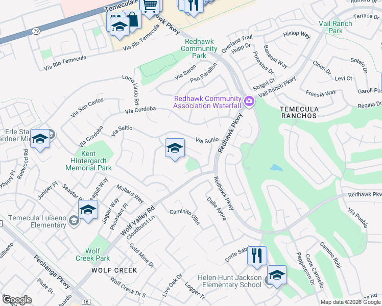 map of restaurants, bars, coffee shops, grocery stores, and more near 32134 Corte Eldorado in Temecula