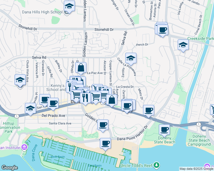 map of restaurants, bars, coffee shops, grocery stores, and more near 33962 Alcazar Drive in Dana Point