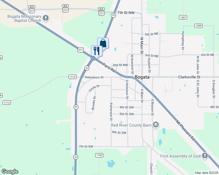map of restaurants, bars, coffee shops, grocery stores, and more near 103 Circle Drive in Bogata