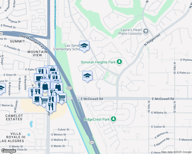 map of restaurants, bars, coffee shops, grocery stores, and more near 2947 North Sonoran Hills in Mesa