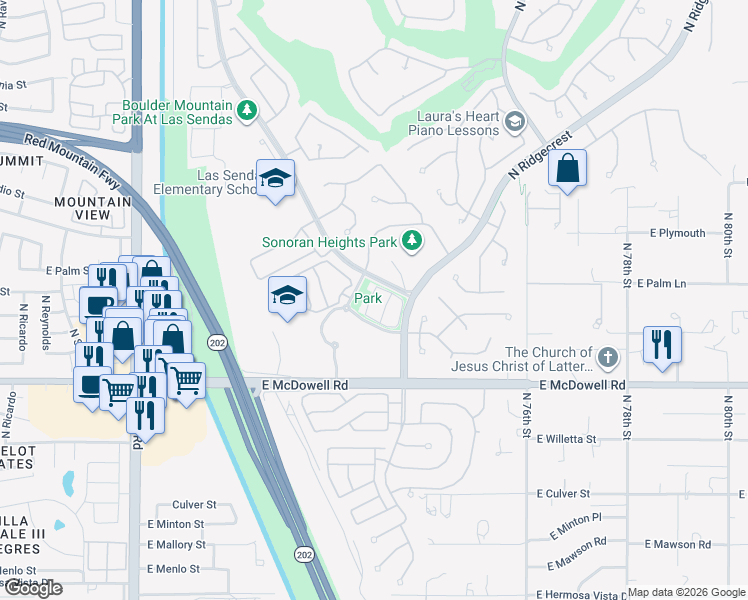 map of restaurants, bars, coffee shops, grocery stores, and more near 2945 North Augustine in Mesa