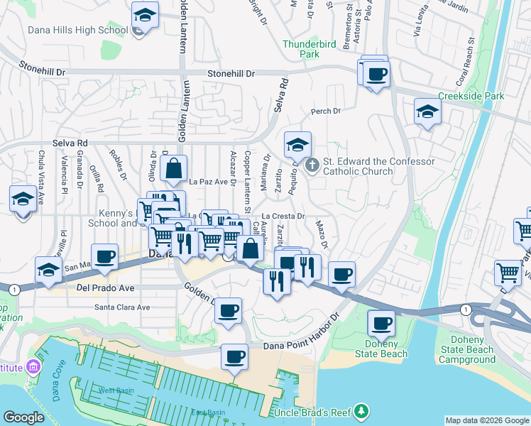 map of restaurants, bars, coffee shops, grocery stores, and more near 25051 La Cresta Drive in Dana Point
