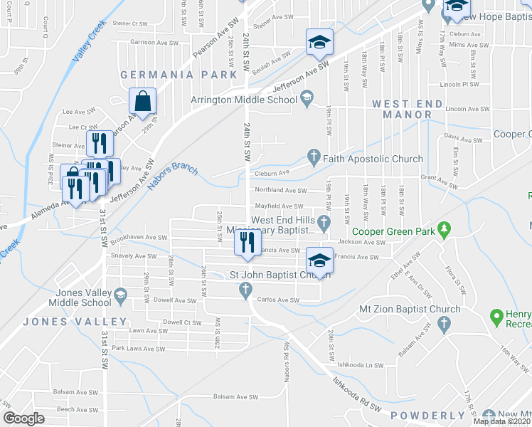 map of restaurants, bars, coffee shops, grocery stores, and more near 1520 23rd Street Southwest in Birmingham