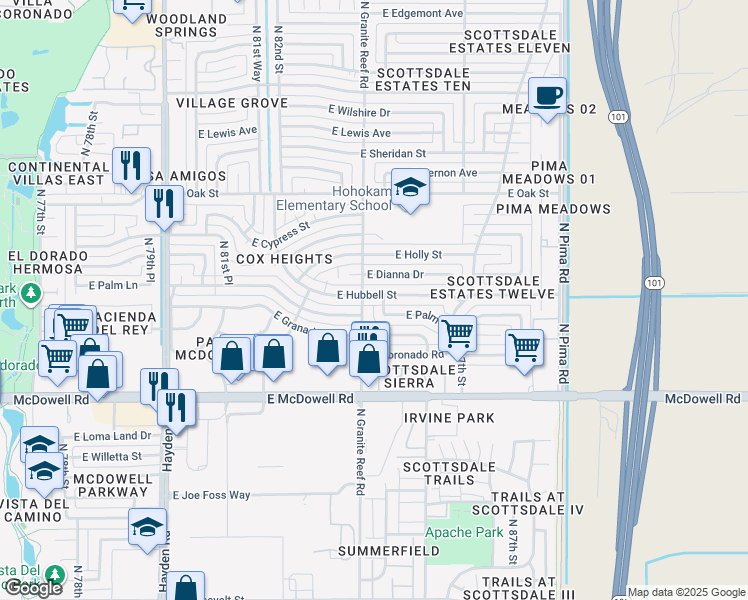 map of restaurants, bars, coffee shops, grocery stores, and more near 8409 East Hubbell Street in Scottsdale