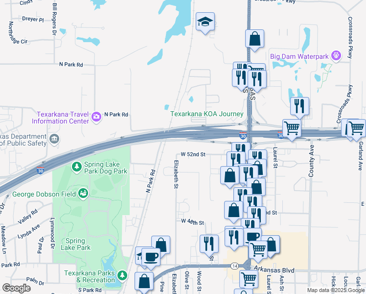 map of restaurants, bars, coffee shops, grocery stores, and more near 600 West 52nd Street in Texarkana