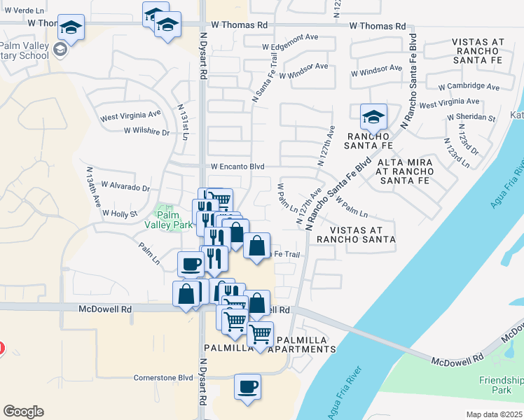 map of restaurants, bars, coffee shops, grocery stores, and more near 12813 West Palm Lane in Avondale