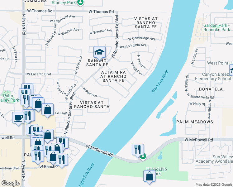 map of restaurants, bars, coffee shops, grocery stores, and more near 12344 West Monte Vista Road in Avondale