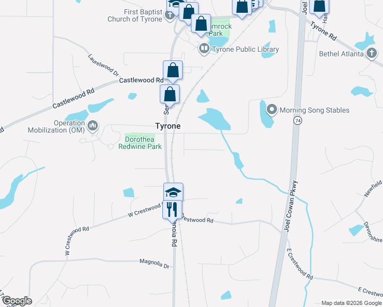 map of restaurants, bars, coffee shops, grocery stores, and more near 345 Park Haven Lane in Tyrone