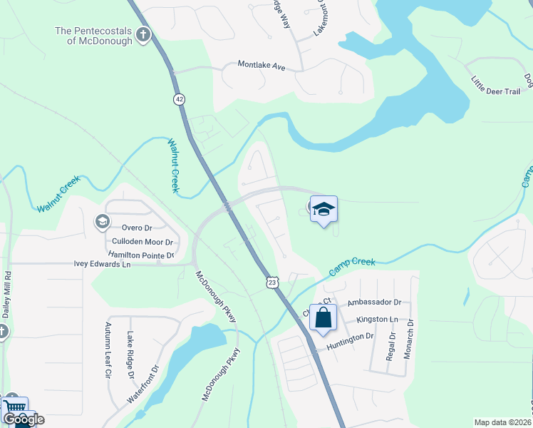 map of restaurants, bars, coffee shops, grocery stores, and more near 121 Leland Lane in McDonough