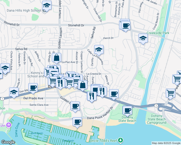 map of restaurants, bars, coffee shops, grocery stores, and more near 25081 La Cresta Drive in Dana Point