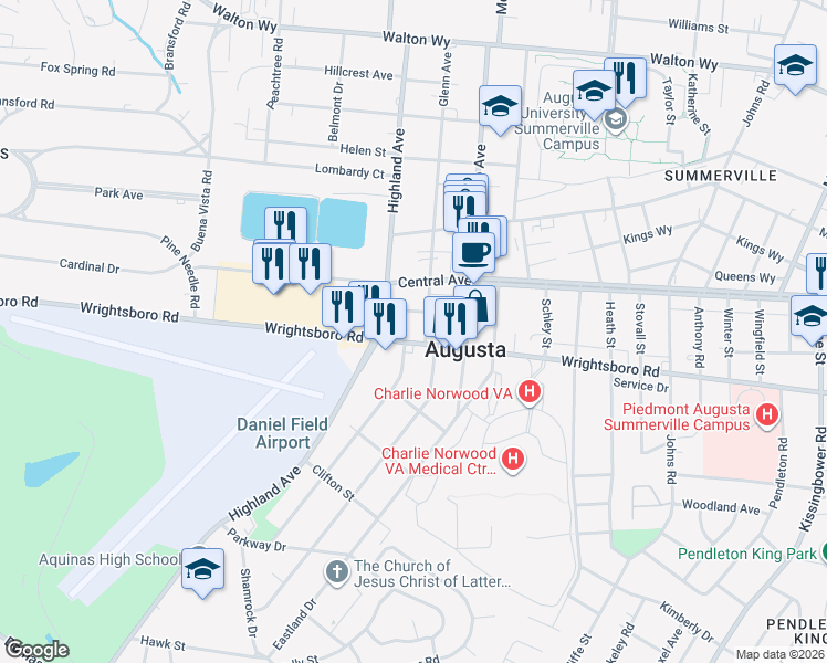 map of restaurants, bars, coffee shops, grocery stores, and more near 2613 Wrightsboro Road in Augusta