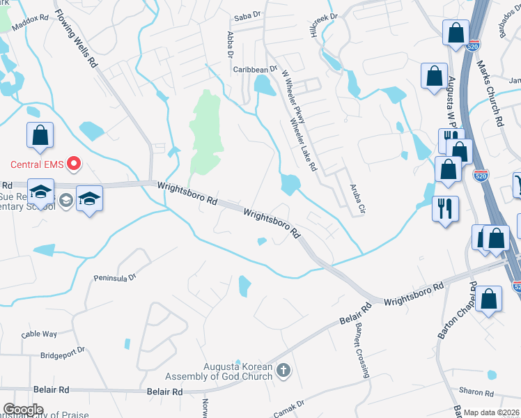 map of restaurants, bars, coffee shops, grocery stores, and more near 3701 Wrightsboro Road in Augusta