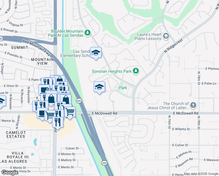 map of restaurants, bars, coffee shops, grocery stores, and more near 2947 North Sonoran Hills in Mesa